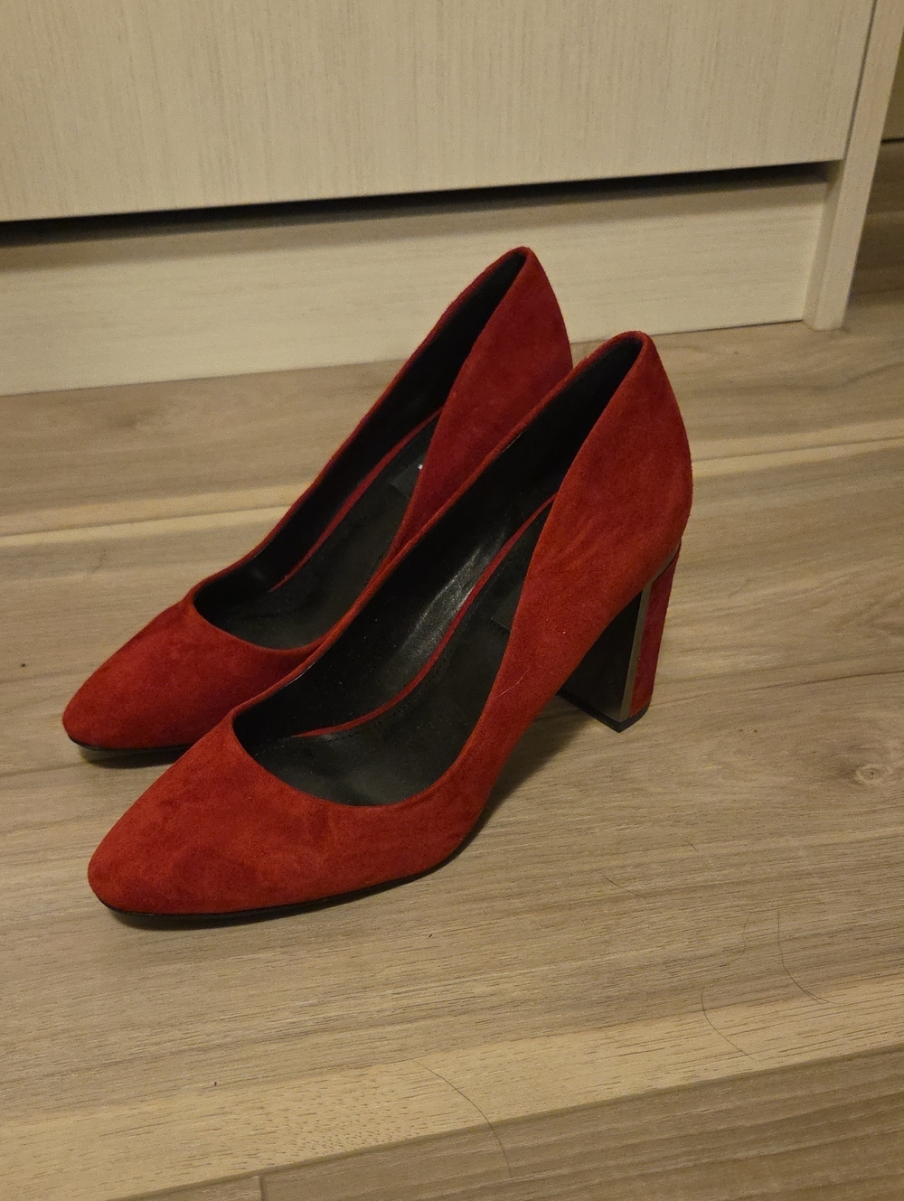 DKNY Red Suede Block Heel Pumps